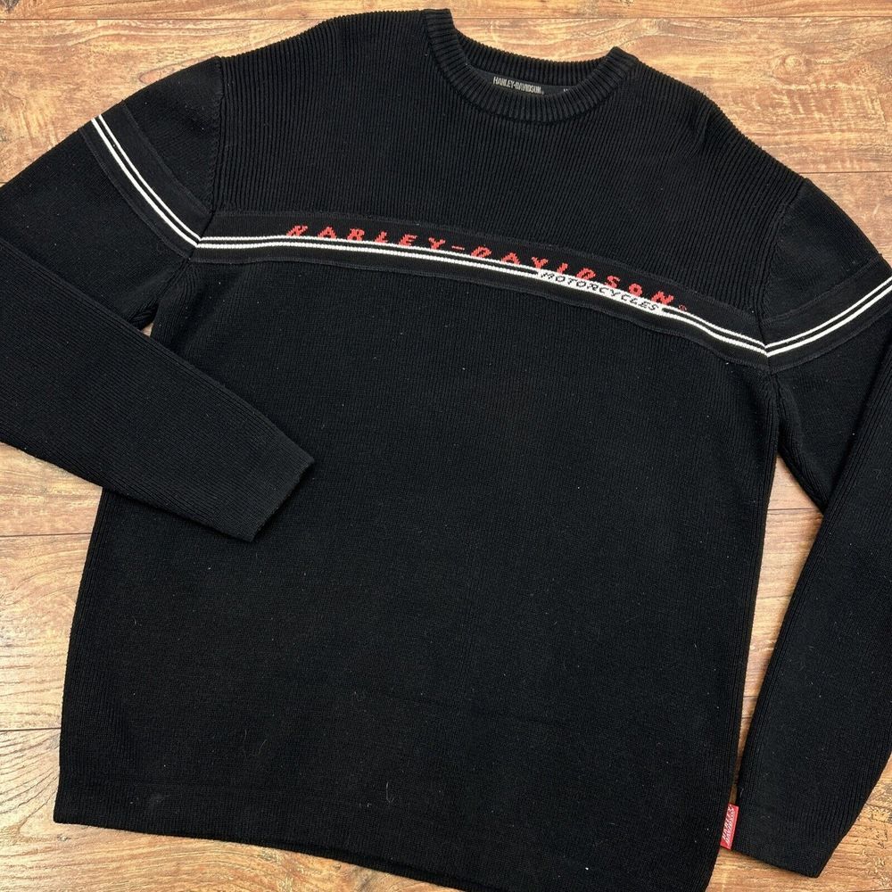 Harley Davidson Knit Sweater Men L Black Red Spellout Pullover Crewneck Y2K‎ Vtg